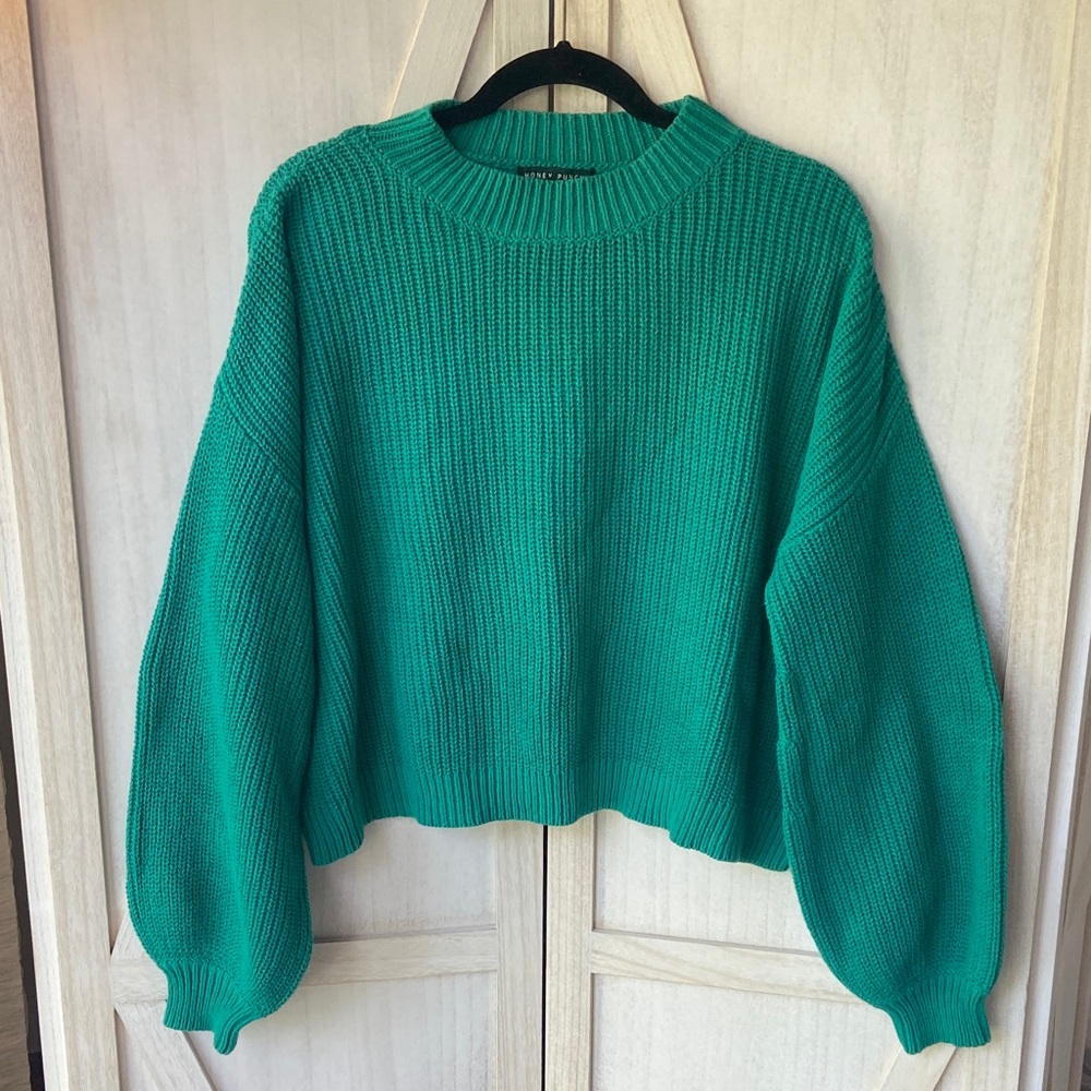 Honey Punch Bright Green/Teal  Cropped Oversized Balloon Sleeve Sweater